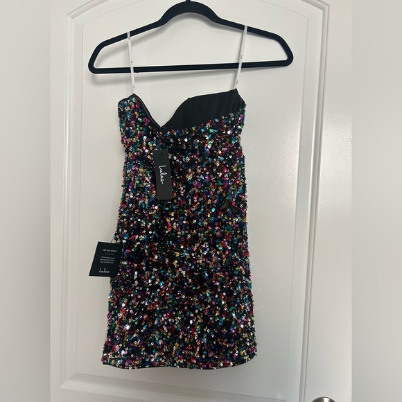 Lulu’s All that Dazzle Silver Multi Sequin Strapless Mini Dress size small NWT - Picture 7 of 15